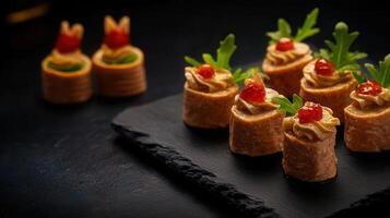 Elegant plate of food displayed on a black surface artful presentation of culinary delights for food aficionados photo