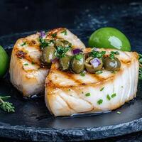 Gourmet plate of delicious cooked fish served with seasonal vegetables and accompanied by flavorful sauces photo