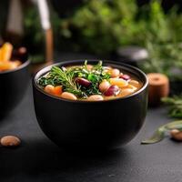 A colorful bowl of fresh vegetable soup served on a rustic table surrounded by ingredients perfect for a healthy meal photo
