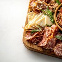 Rustic wooden cutting board adorned with a generous bowl of savory cheese and assorted meats for culinary delight photo