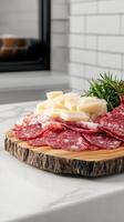 Deliciously arranged plate of savory meat and artfully displayed cheese with garnishes for an elegant presentation photo
