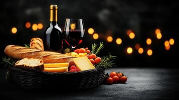 Elegant basket filled with gourmet food selections accompanied by a bottle of fine wine perfect for picnics or gatherings photo