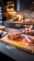 Freshly prepared cutting board with various cuts of meat displayed ready for cooking or serving at a kitchen counter photo