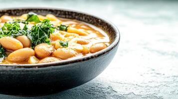A nutritious bowl of hearty soup filled with beans and fresh greens for a healthy and satisfying meal photo