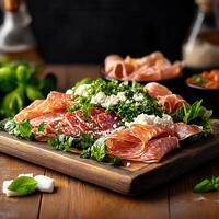 Artisan wooden cutting board featuring fresh cuts of meat and vibrant greens for a healthy culinary presentation photo