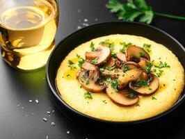 A beautifully styled bowl of tasty food accompanied by a glass of wine for an elegant and inviting dining experience photo