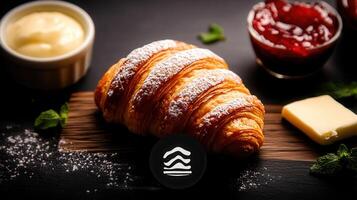 Delicious croissant and a cup of butter spread perfectly arranged for a morning delight with freshly baked goodness photo