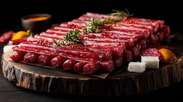 Raw cuts of fresh meat neatly laid out on a wooden cutting board ready for seasoning and cooking in a kitchen environment photo