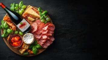 Fine wine bottle elegantly accompanied by a platter of assorted meats ready to delight guests at a social gathering photo