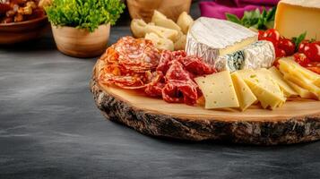 A gourmet selection of artisan cheeses displayed elegantly on a rustic wooden board with accompaniments and garnishes photo