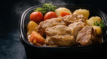 Hearty plate of savory cooked meat accompanied by fresh seasonal vegetables for a healthy and satisfying meal photo