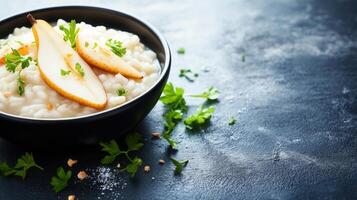 A flavorful bowl of rice complemented by fresh sweet apples for a unique and nutritious meal option for any time photo