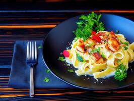 Hearty plate of pasta with meat sauce and garnish perfectly served for a filling and satisfying meal experience photo