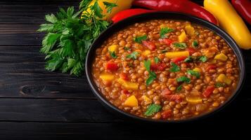 A vibrant bowl of cooked beans and colorful peppers served together for a flavorful and nutritious meal on a table photo
