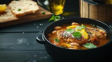 A warm bowl of delicious soup accompanied by freshly baked bread on a rustic wooden table setting photo