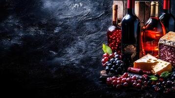 Exquisite wine bottle paired with cheese and fresh grapes artfully arranged on a wooden board for a gourmet experience photo