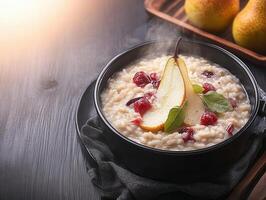A nutritious bowl of oats topped with freshly sliced apples and juicy pears creating a wholesome breakfast delight photo