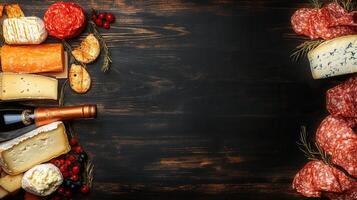 Assorted cheese selection artfully displayed with various meats on a wooden board perfect for a gourmet experience photo