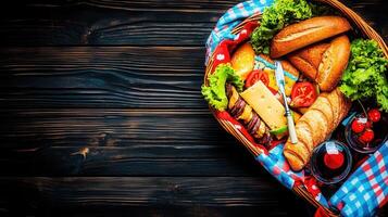 Beautifully arranged basket of delicious food on a table ideal for sharing at gatherings and celebrating togetherness photo
