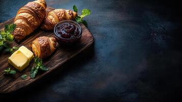 Rustic wooden board artfully displayed with assorted croissants and rich cheese creating a gourmet snack presentation photo