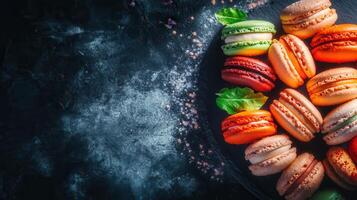 Colorful plate of assorted macarons and a delicious pink cupcake with sprinkles on a decorative serving dish photo