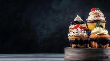 Delicious cupcake decorated generously with a bountiful topping of fresh berries for a sweet and tempting dessert delight photo