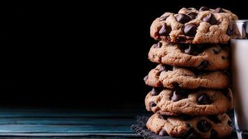 A stack of delicious chocolate chip cookies served with a refreshing glass of milk for a perfect snack moment photo