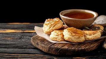 Warm bowl of comforting soup accompanied by a plate of flaky biscuits perfect for a cozy lunch or dinner experience photo