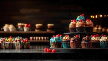 Delightful array of cupcakes on a table ready to be enjoyed with colorful frosting and tasty decorations for every occasion photo