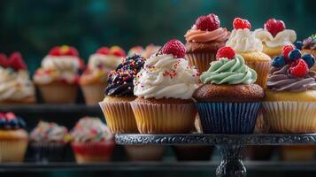 Assorted cupcakes with colorful frosting and creative toppings for a sweet treat experience perfect for any celebration or event photo