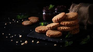 A generous pile of homemade cookies displayed on a sleek black table, showcasing a variety of flavors and textures photo