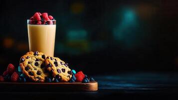 A delicious cookie served alongside a chilled glass of milk for a classic snack combination experience photo
