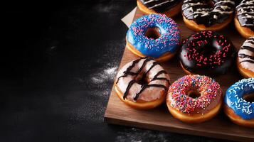 A wooden tray filled with a variety of freshly baked donuts displaying an array of colors and delicious toppings photo