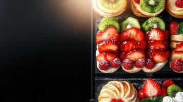 Lavish display of a variety of pastries including croissants, tarts, and puffs perfect for any bakery showcase photo