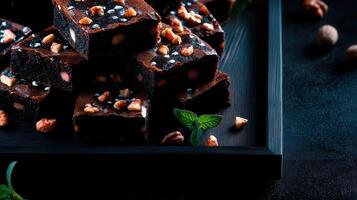 Deliciously rich pile of brownies stacked on a black plate ready to satisfy your sweet cravings and indulgences photo