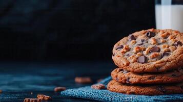A heaping stack of freshly baked chocolate chip cookies perfectly golden brown for a delicious snack experience photo