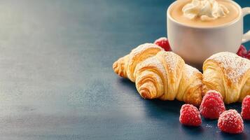 Elegant cup of freshly brewed coffee accompanied by two flaky croissants ideal for a relaxing morning or afternoon break photo