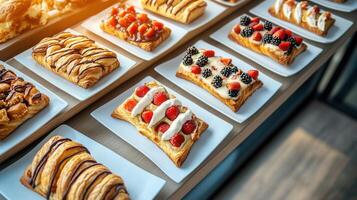 An exquisite variety of pastries displayed to tempt the senses with a colorful array of flavors and textures photo