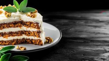 A single piece of cake elegantly plated, highlighting its rich layers and delicious frosting ready for indulgence photo