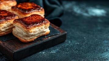 Golden brown pastry elegantly placed on a rustic wooden board with a cozy atmosphere perfect for enjoying treats photo