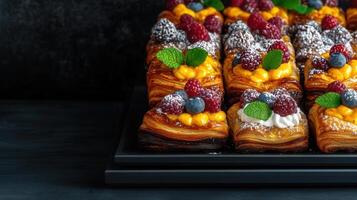 Delicious dessert featuring fresh fruit garnished with powdered sugar for an elegant sweet treat presentation photo