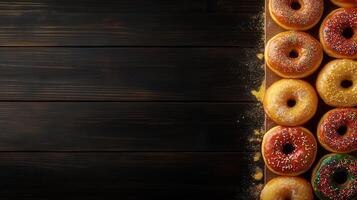 A colorful assortment of freshly baked donuts displayed together in one mouth-watering bunch for any sweet tooth photo