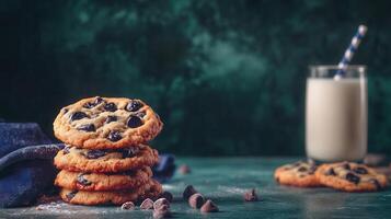 A tall stack of delicious cookies served alongside a chilled glass of milk for an inviting snack experience photo