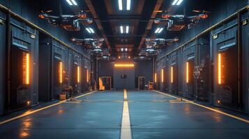 Futuristic drone storage facility with illuminated industrial design and technology photo