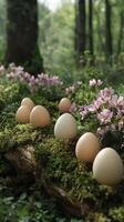 Speckled eggs on mossy log with pink flowers in forest setting photo