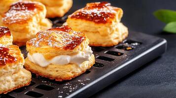 Charming tray of golden biscuits accompanied by sweet jam for a perfectly cozy snack or afternoon tea delight photo
