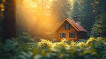 Cozy wooden cabin in sunlit forest surrounded by lush greenery photo