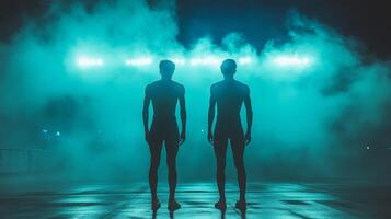 Silhouettes of two male athletes against bright stadium lights and fog photo