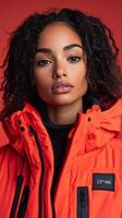 Young african female in bright orange jacket against orange background photo