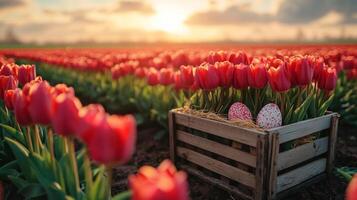 Vibrant tulip field at sunset with decorated easter eggs in wooden crate photo
